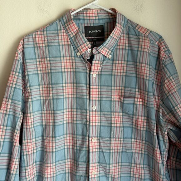 Bonobos Men’s button down Casual Blue and Pink Checkered plaid slim fit Shirt XL - Picture 2 of 8